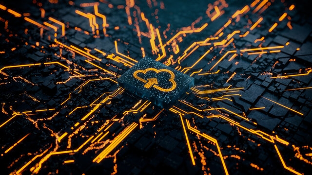 Data storage Technology Concept with cloud upload symbol on a Microchip. Data flows from the CPU across a Futuristic Motherboard. 3D render.