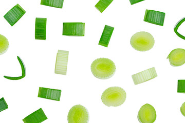 Top view slice spring onions leaves on white background.