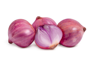 Purple onion or shallot with cut slices on white background.