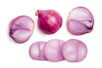 Top view onions with slice on white background.