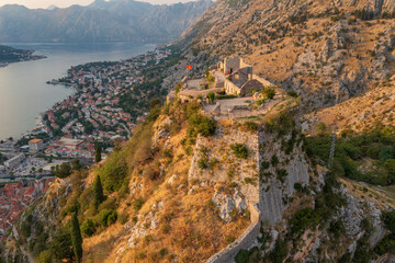 Sunset view at the top of St John (San Giovanni) Fortress and Castle, Old Town, Kotor, Bay of...