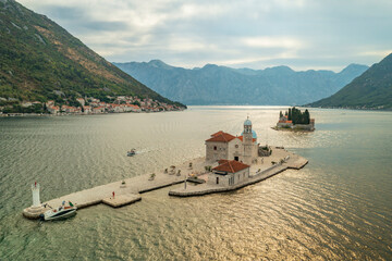 Island of Our Lady of The Rocks in kotor bay in montenegro. Aerial view