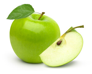 fresh green apple fruit and slices with leaves isolated on white background.