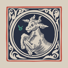 Bull zodiac medieval-style illustration.