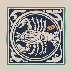 Crab zodiac medieval-style illustration.