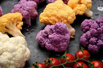 Various sort of cauliflower. Purple, yellow and white, on black dark stone table background
