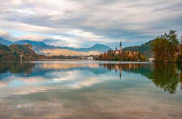 Picturesque autumn scenery of Lake Bled, Slovenia