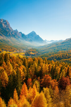 Seasonal autumnal scenery in Dolomite Alps, Cortina d'Ampezzo, Italy