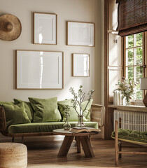 Poster frame mock-up in home interior background with sofa, table and decor in living room, 3d render