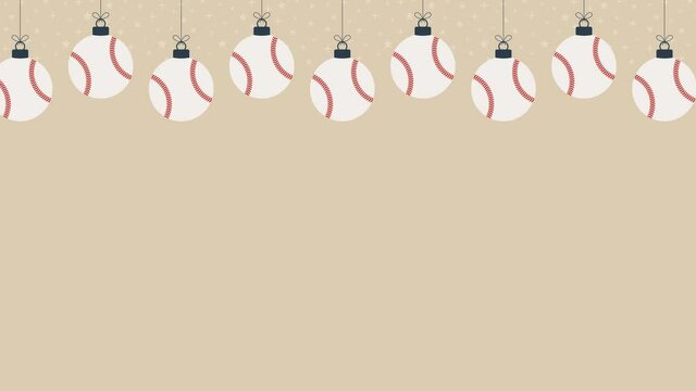Merry Christmas baseball seamless horizontal pattern loop animation. Hang on a thread flat cartoon baseball ball as a Christmas ball on blue horizontal background. 4k motion video animation