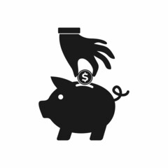 Pictograph of hand and piggy bank. Saving money in piggy bank. Vector illustration on a white background.
