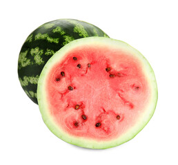 Whole and cut delicious ripe watermelons on white background