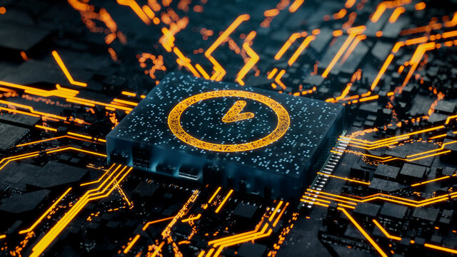 Time Technology Concept with clock symbol on a Microchip. Data flows from the CPU across a Futuristic Motherboard. 3D render.