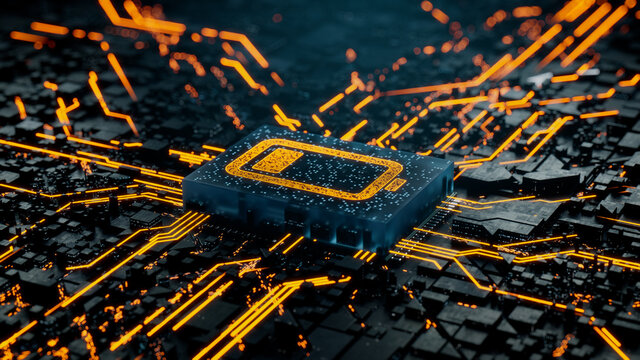 Energy Technology Concept with low battery symbol on a Microchip. Data flows from the CPU across a Futuristic Motherboard. 3D render.