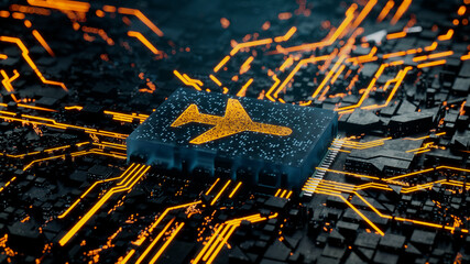 Flight Technology Concept with airplane symbol on a Microchip. Data flows from the CPU across a Futuristic Motherboard. 3D render.