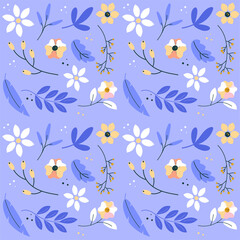 Floral pattern, leaves in blue tones. Abstraction flowers.