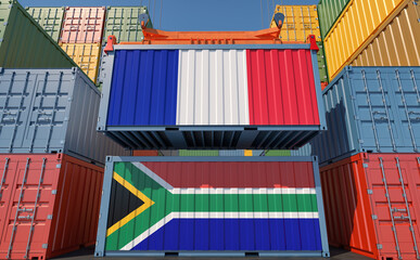 Freight containers with France and South Africa national flags. 3D Rendering 