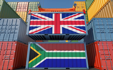 Freight containers with United Kingdom and South Africa national flags. 3D Rendering 