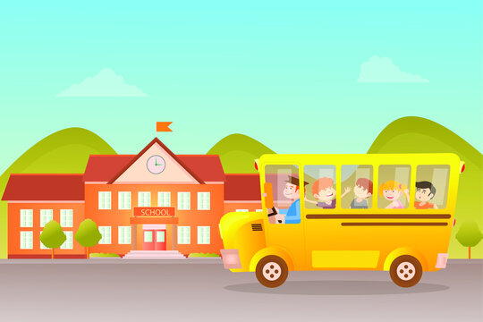 Children going to school by bus. Vector illustration of a school bus driver and happy school kids.