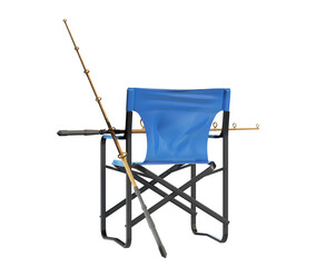 Fisher seat, folding chair and fishing pole. Isometric camping objects and scenes, monochrome...