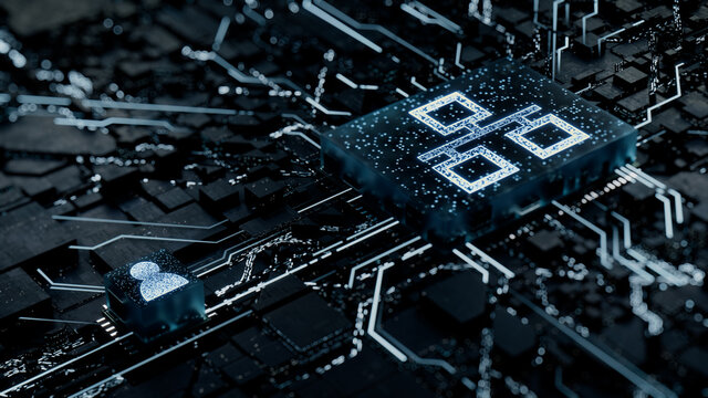 Network Technology Concept with ethernet symbol on a Microchip. White Neon Data flows between the CPU and the User across a Futuristic Motherboard. 3D render.