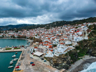 Dramatic winter scenery over the famous Skopelos town also known as chora in Skopelos island, Sporades, Greece