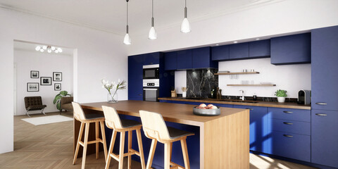 Vue 3d cuisine bleu nuit avec parquet bois et îlot central