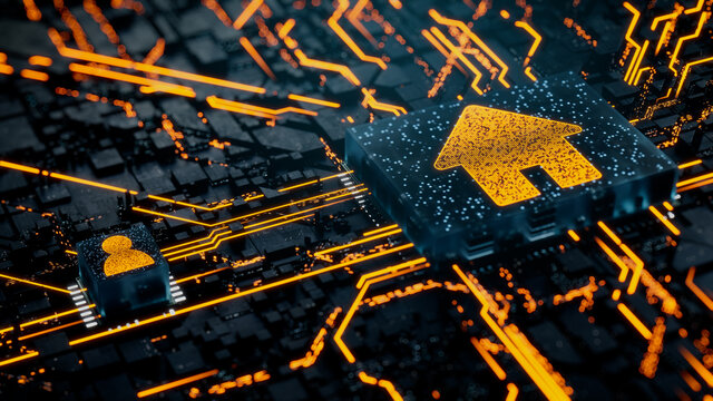 Internet Technology Concept with home symbol on a Microchip. Orange Neon Data flows between the CPU and the User across a Futuristic Motherboard. 3D render.