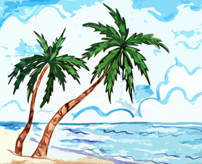 Fototapeta na wymiar Tropical landscape with two palm trees on the beach