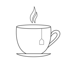 Vector illustration of tea cup. Black linear art isolated on white background. Outline tea illustration.