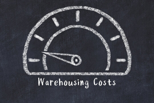 Chalk sketch of speedometer with low value and iscription Warehousing Costs. Concept of low logistics KPI