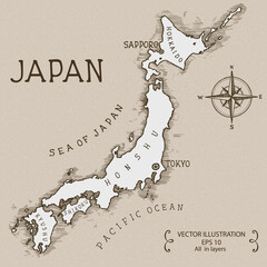 Vintage map of Japan, hand drawn vector illustration