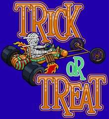 cartoon mummy driving a go cart | trick or treat | halloween design