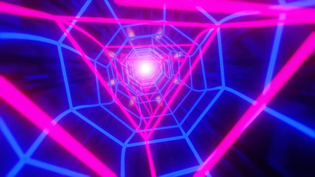 Fight into abstract triangular shaped Neon perple blue Technology Portal. 3d rendering, vj loop.