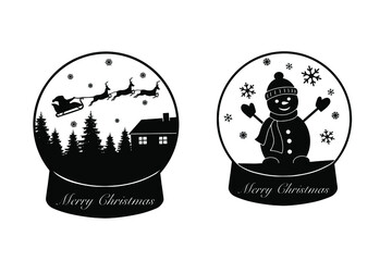 Set Illustration snowglobe isolated in white. Santa claus with snowman and deer. Christmas silhouette design. Christmas tree and snowflake. New Year gifts