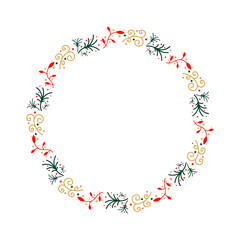 Christmas and new year decoration floral round isolated on white background. Unique design element for greeting card in vector. Floral frame gift in beige. red and green colors