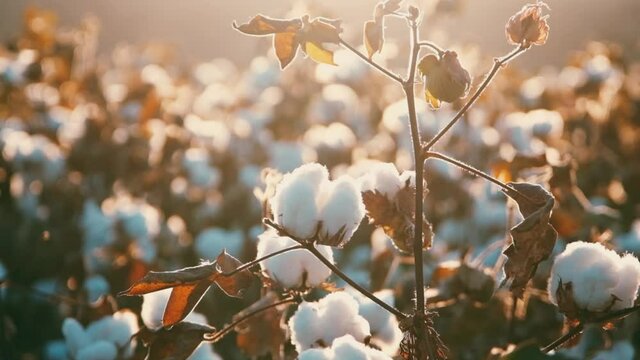 Agricultural field full of raw cotton bolls. Close up. Slow Motion. Sunlight