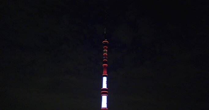 4K summer night video of Ostankino district, buildings and famous TV tower in the city center, Moscow, Russia
