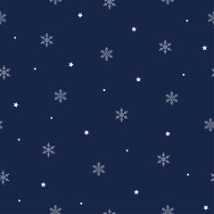  Snowflakes seamless pattern. Small white snowflakes and dots on blue background. Background for winter design. 