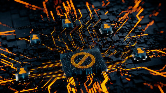 Restricted Access Technology Concept with Prohibition symbol on a Microchip. Orange Neon Data flows between Users and the CPU across a Futuristic Motherboard. 3D render.