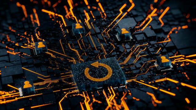 Reload Technology Concept with refresh symbol on a Microchip. Orange Neon Data flows between Users and the CPU across a Futuristic Motherboard. 3D render.