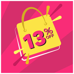 13 percent discount. Pink banner with floating bag for promotions and offers