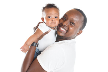 portrait of beautiful african man holding on hands her little son on white background