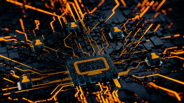 Display Technology Concept with Monitor symbol on a Microchip. Orange Neon Data flows between Users and the CPU across a Futuristic Motherboard. 3D render.