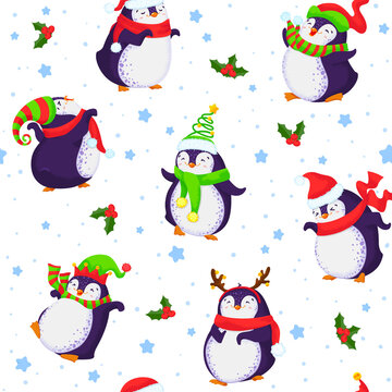 Vector new year background. Funny kid drawn backdrop with bids, snowflackes and holly.