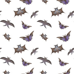 Watercolor seamless pattern from hand painted illustration of flying black bat with spread wings for Halloween isolated. Animal print for design making postcards, packaging paper, fabric material