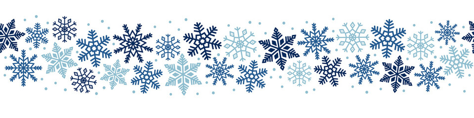 Seamless border of blue snowflakes and dots. Template for winter design. 