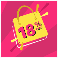 18 percent discount. Pink banner with floating bag for promotions and offers