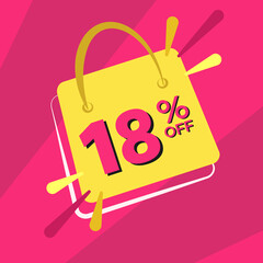 18 percent discount. Pink banner with floating bag for promotions and offers