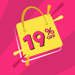 19 percent discount. Pink banner with floating bag for promotions and offers